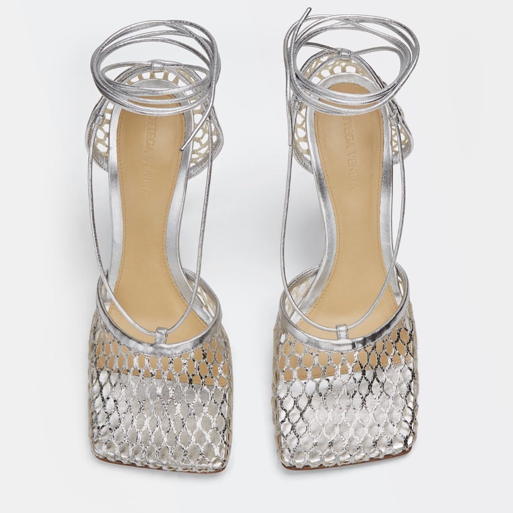 Bottega Veneta Metallic Mesh Lace-Up Leather Sandals